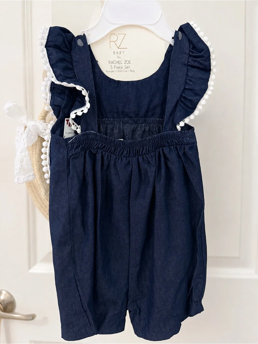 NWT Rachel Zoe Baby 3 Piece Romper Straw Bag & Bow Hair Clip Set